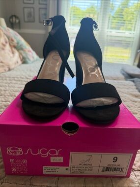 Sugar Black Open-Toe Ankle-Strap Mid Heels
